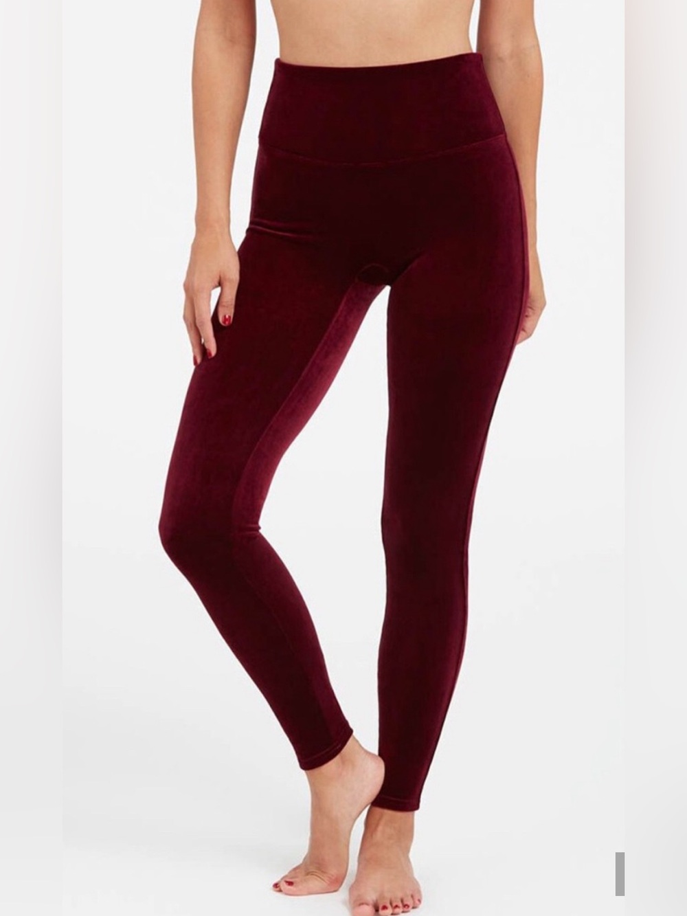 Spanx Burgundy Velvet Full Length Leggings with comfortable high rise waistband